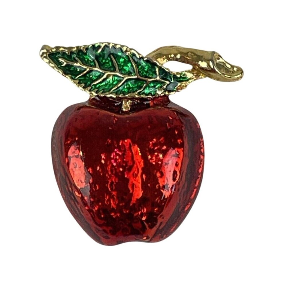 Vintage Apple Brooch Gold Tone Red Green Enamel Gloss Coated Pin Fruit Teacher